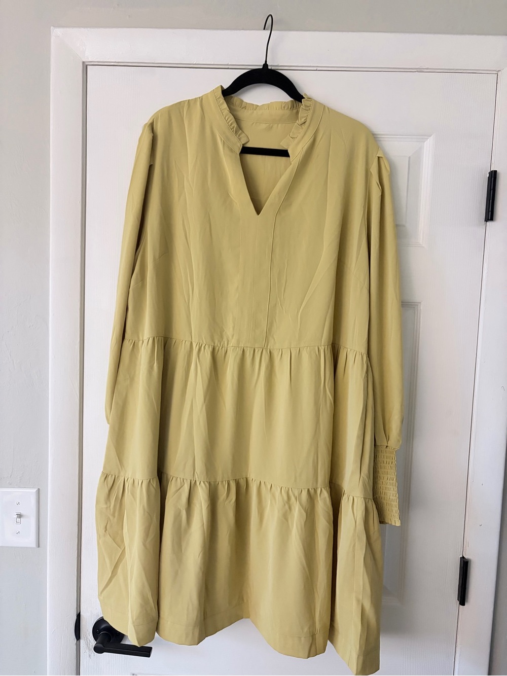 Tiered V-Neck Smocked Cuff Dress in Light yellow